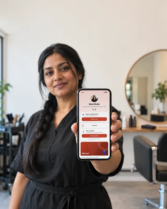 Salon owner holding a phone with a Looop page